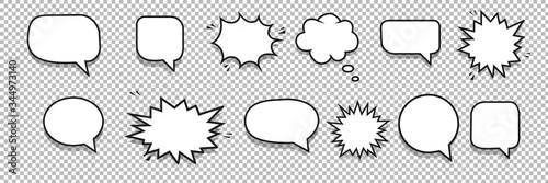 Empty retro speech bubbles with black drop shadow. Pop art style speech bubble for comics and cartoons. Vector illustration isolated on transparent background.
