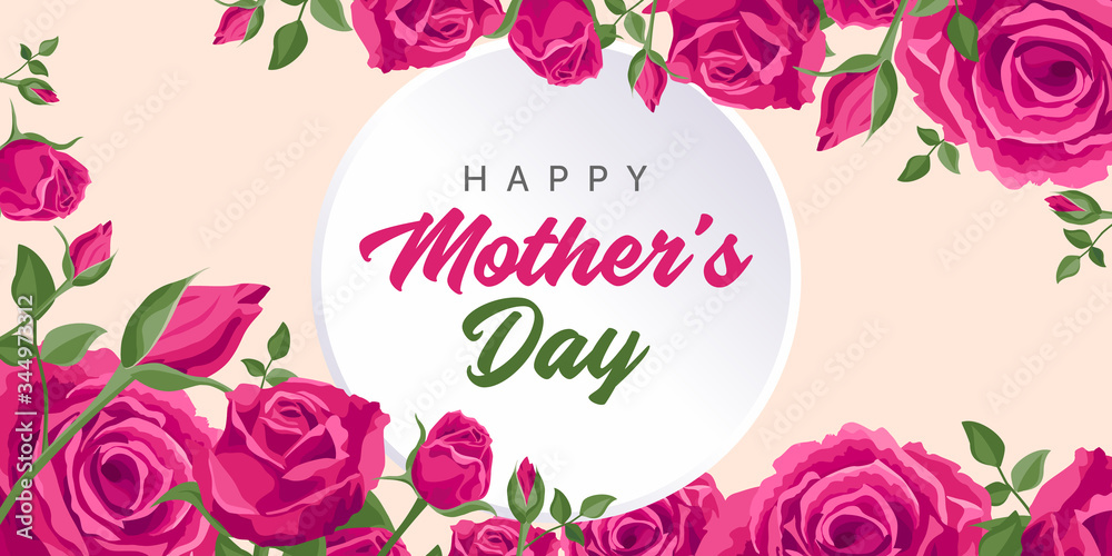 Happy mother's day greetings. Vector greeting card for social media, online stores, poster, banner. Text of happy mother's day banner. Vignette of beautiful roses, and flower buds on pink background.