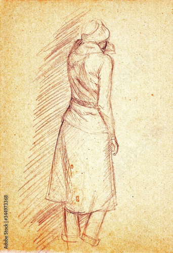 Foto A rough sketch of a standing young woman in clothes