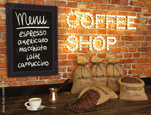 3d illustration of coffee shop, composition of bags with coffee, cup and coffee Turk photo