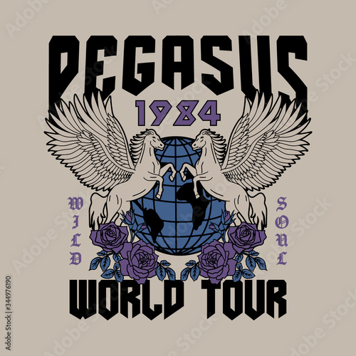 Pegasus with Globe and Rose Illustrations Rock Band Statement Artwork For Apparel and Other Uses