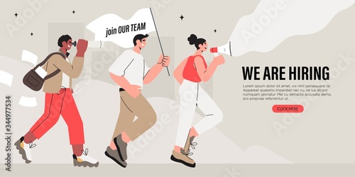 Vector illustration of company searching new employee or worker. Concept of join us, freelance job or we are hiring for banner, flyer, landing page. Group of office workers shouting in loud speaker.
