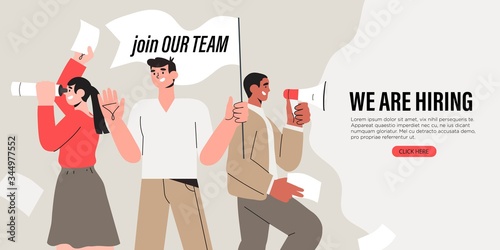 Vector illustration of people shouting in loud speaker and recruiting new employees, workers. We are hiring or job recruitment banner, poster, flyer or landing page concept for ui, web or mobile app.