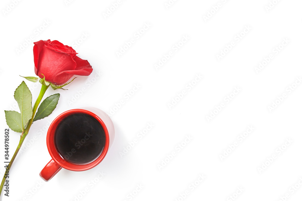 Coffee cup with red roses. Love concept. Flat lay. Top view. Copy space. Coffee cup with red roses. Love concept. Flat lay. Top view. Copy space.