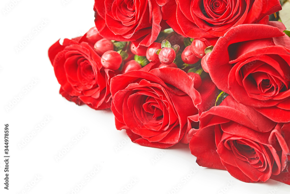 Beautiful bouquet of roses on table close-up