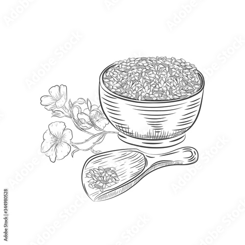 Flax seeds in bowl and scoop vector illustration. Flax seed hand drawn botanical elements.