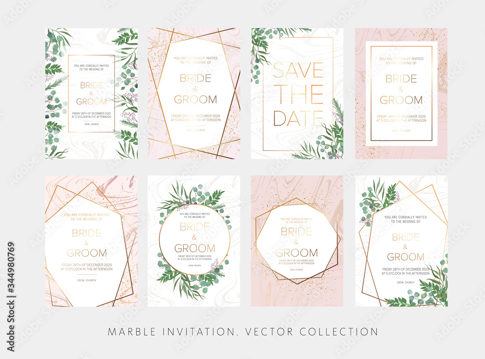 Elegant Wedding floral invitation, thank you modern card: ruscus italian wreath, rosemary, eucalyptus branches on white and pink marble texture with a golden geometric pattern. A big luxury set.