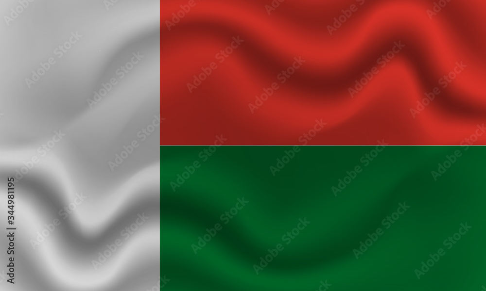 national flag of Madagascar on wavy cotton fabric. Realistic vector illustration.