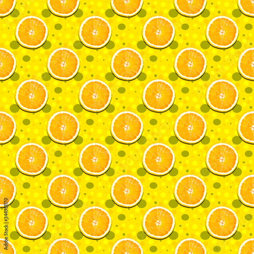 Seamless geometric pattern, orange on a colored background with orange polka dots. Pattern.
