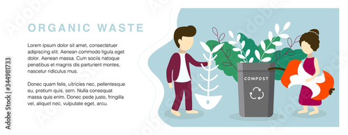 Organic waste for composting. People making compost. Flat vector illustration recycling concept banner.