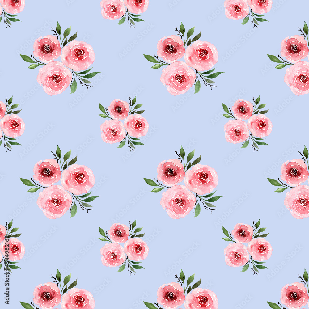 seamless pattern of a composition of pink roses drawn in watercolors on a blue background