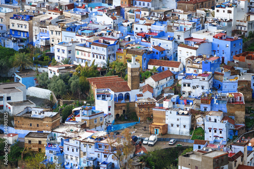 Aerial close up of the unique blue Medina of Chefchaouen in the Rif Mountains, Morocco © SGPICS