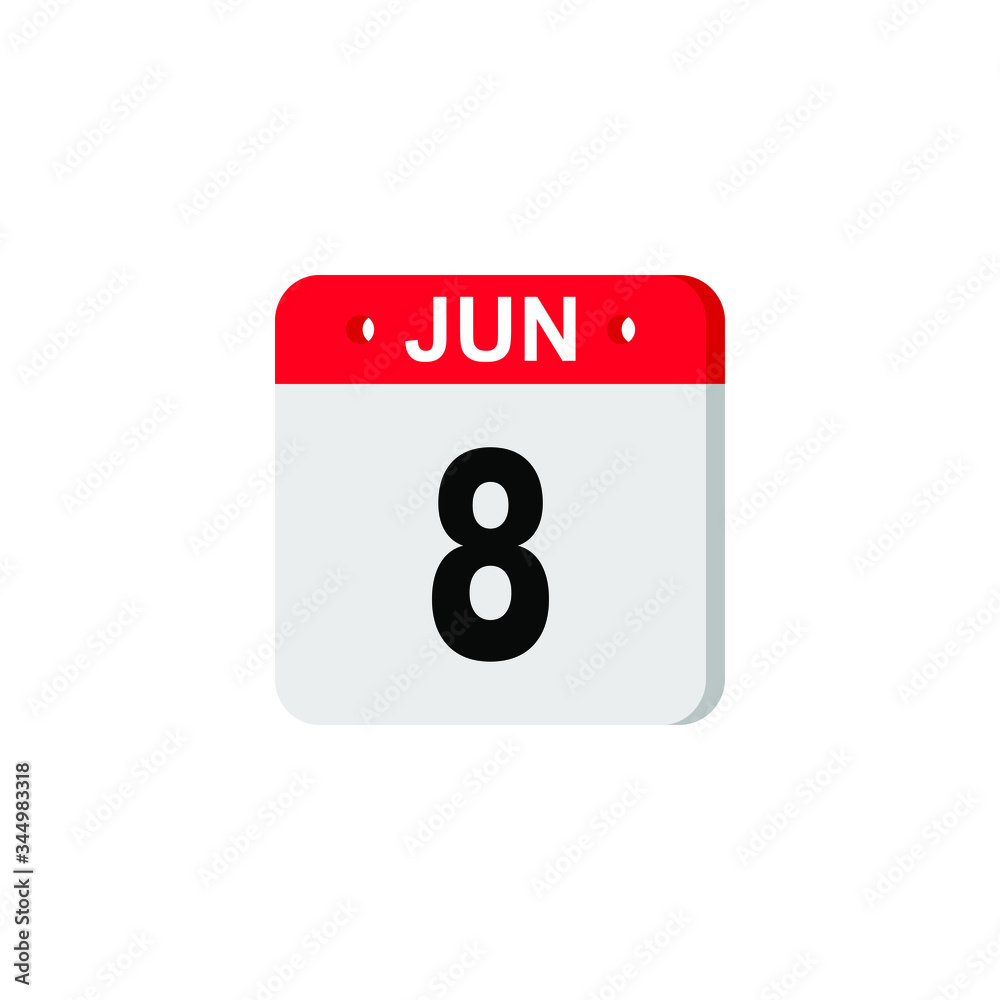 June 8 - Calendar Icon. Summer days of the year. Calendar Icon with shadow. Flat style. Date, day and month. Reminder. Vector illustration. Organizer application, app symbol. Ui. User interface sign. June 8 - Calendar Icon. Summer days of the year. Calendar Icon with shadow. Flat style. Date, day and month. Reminder. Vector illustration. Organizer application, app symbol. Ui. User interface sign.
