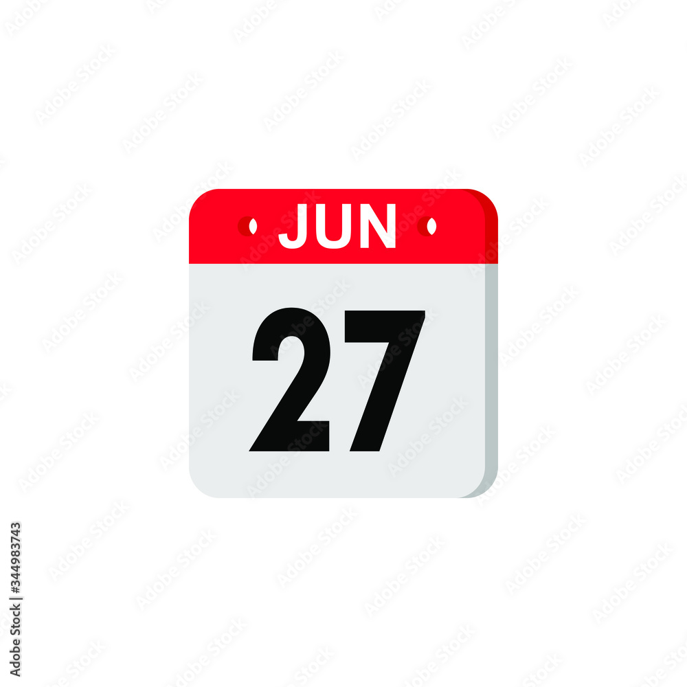June 27 - Calendar Icon. Summer days of the year. Calendar Icon with shadow. Flat style. Date, day and month. Reminder. Vector illustration. Organizer application, app symbol. Ui. User interface sign. June 27 - Calendar Icon. Summer days of the year. Calendar Icon with shadow. Flat style. Date, day and month. Reminder. Vector illustration. Organizer application, app symbol. Ui. User interface sign.