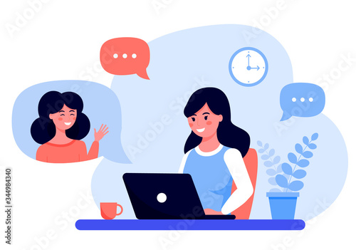 A woman uses a laptop for a virtual meeting or video conference. Girl chatting with her friend online. Vector illustration for remote work, video conferencing.
