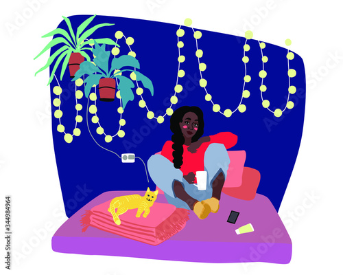 Beautiful afroamerican girl drinking coffee laying on the bed with a cat. Flat style illustration.