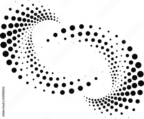 Black abstract halftone dots in vortex form. Geometric art. Trendy design element for frame, logo, tattoo, sign, symbol, web, prints, posters, template, pattern and abstract background