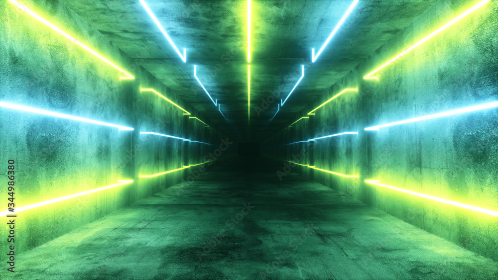 Flying in an abstract blue and green futuristic interior. Corridor with neon luminous fluorescent lamps turned on. Futuristic architecture background. Box with a concrete wall. Seamless loop 3d render