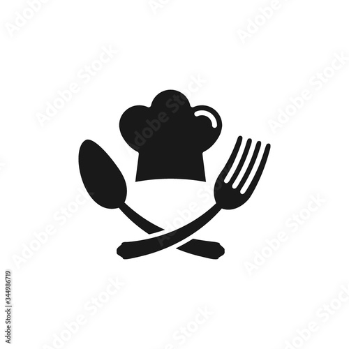 Chef hat icon with spoon and fork vector illustration. Restaurant symbol.