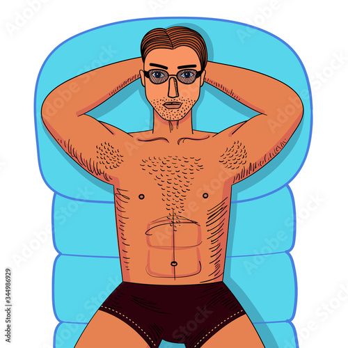 Strong young guy with hairy chest sunbathes on inflatable swimming mattress. Sexy man witn muscle body lying in sunglasses. Bright colored vecor illustration