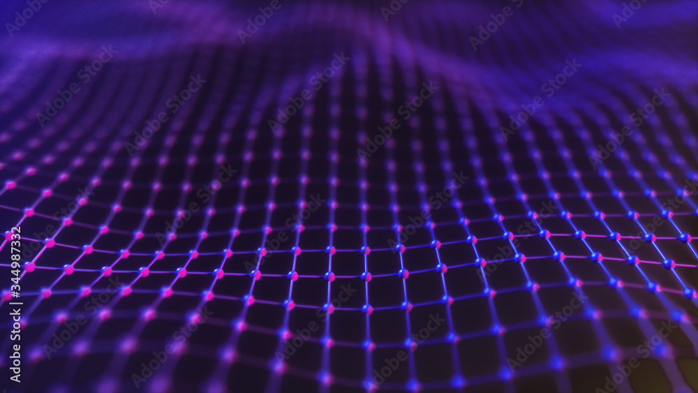 Abstract mesh with wave motion and depth of field. Connected data nodes. Artificial Intelligence. Virtual global network. 3d illustration Abstract mesh with wave motion and depth of field. Connected data nodes. Artificial Intelligence. Virtual global network. 3d illustration
