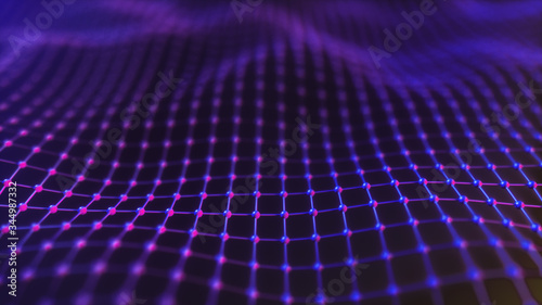Abstract mesh with wave motion and depth of field. Connected data nodes. Artificial Intelligence. Virtual global network. 3d illustration