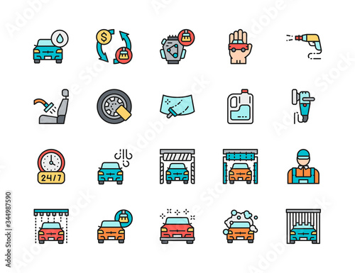 Set of Car Wash Flat Color Icons. Auto Washing, Wheel Lock, Windshield and more.