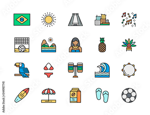 Set of Brazilian Culture Flat Color Icons. Toucan, Surfboard, Soccer and more.
