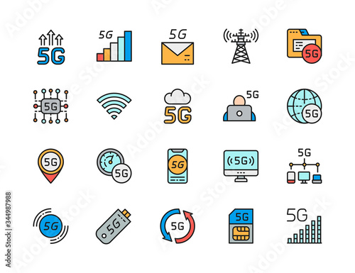 Set of 5G Internet Color Line Icons. Network Signal, Database, Sim Card and more
