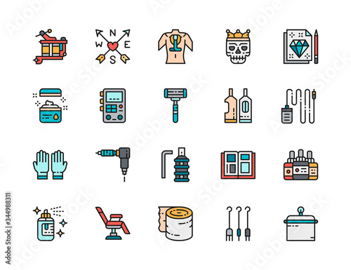 Set of Tattoo Studio Color Icons. Tattoo Machine, Ink Bottles, Chair and more.