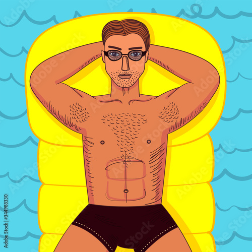 Strong young guy with hairy chest sunbathes on inflatable swimming mattress. Sexy man witn muscle body lying in sunglasses. Bright colorful vecor illustration