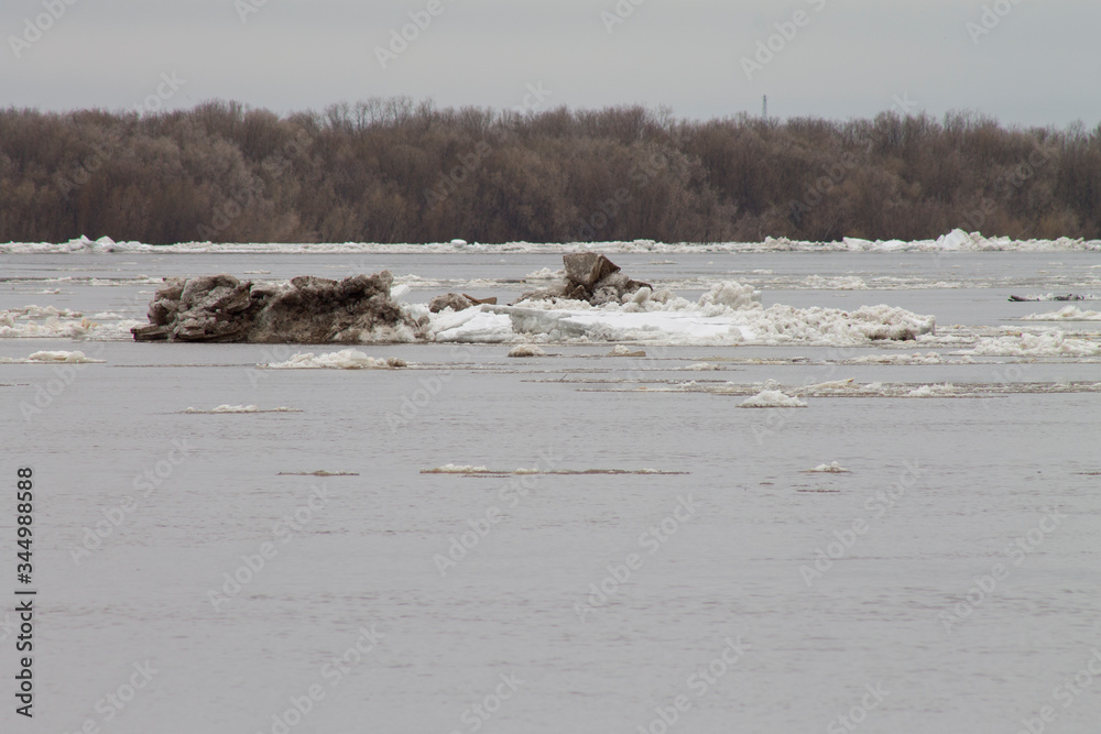 ice drift on the river in early spring