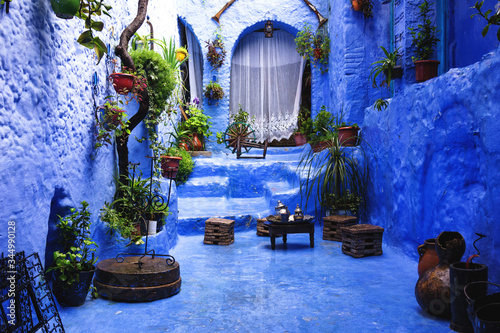 Traditional moroccan house entrance in the blue city of Chefchaouen, Morocco, Africa © SGPICS