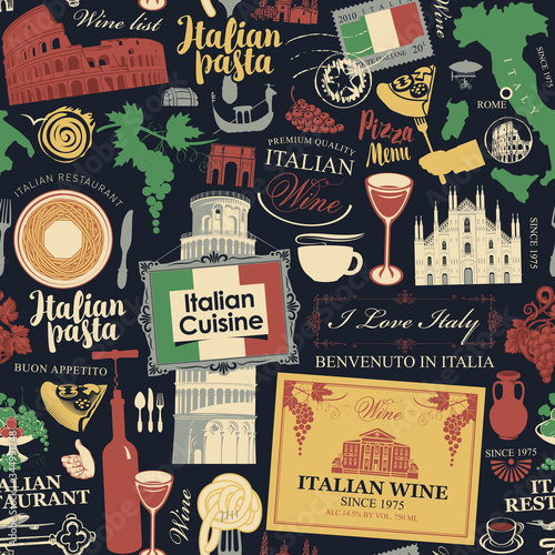 Vector abstract seamless pattern on the theme of Italy and Italian cuisine in retro style on the black background. Suitable for wallpaper, wrapping paper, fabric.