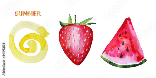 Red fruits and sun. Set of red watermelon slice, strawberry and yellow spiral. Fresh Summer watercolor illustration. Fruit isolated on white
