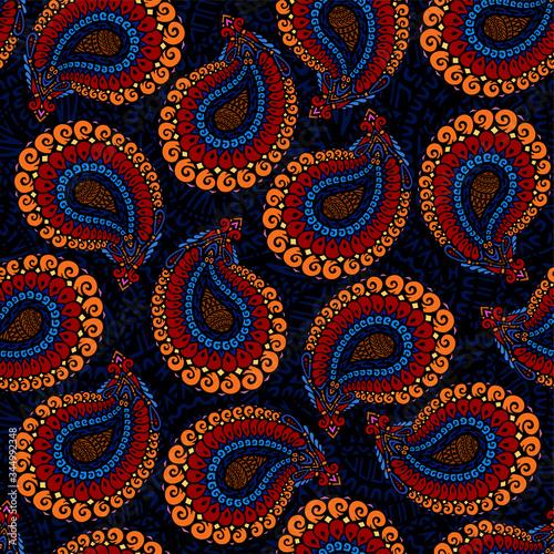 Seamless pattern based on traditional oriental paisley elements, Indian, Turkish, Persian cucumber. Suitable for textiles, fabrics, wallpapers, wrapping paper. Vector illustration.
