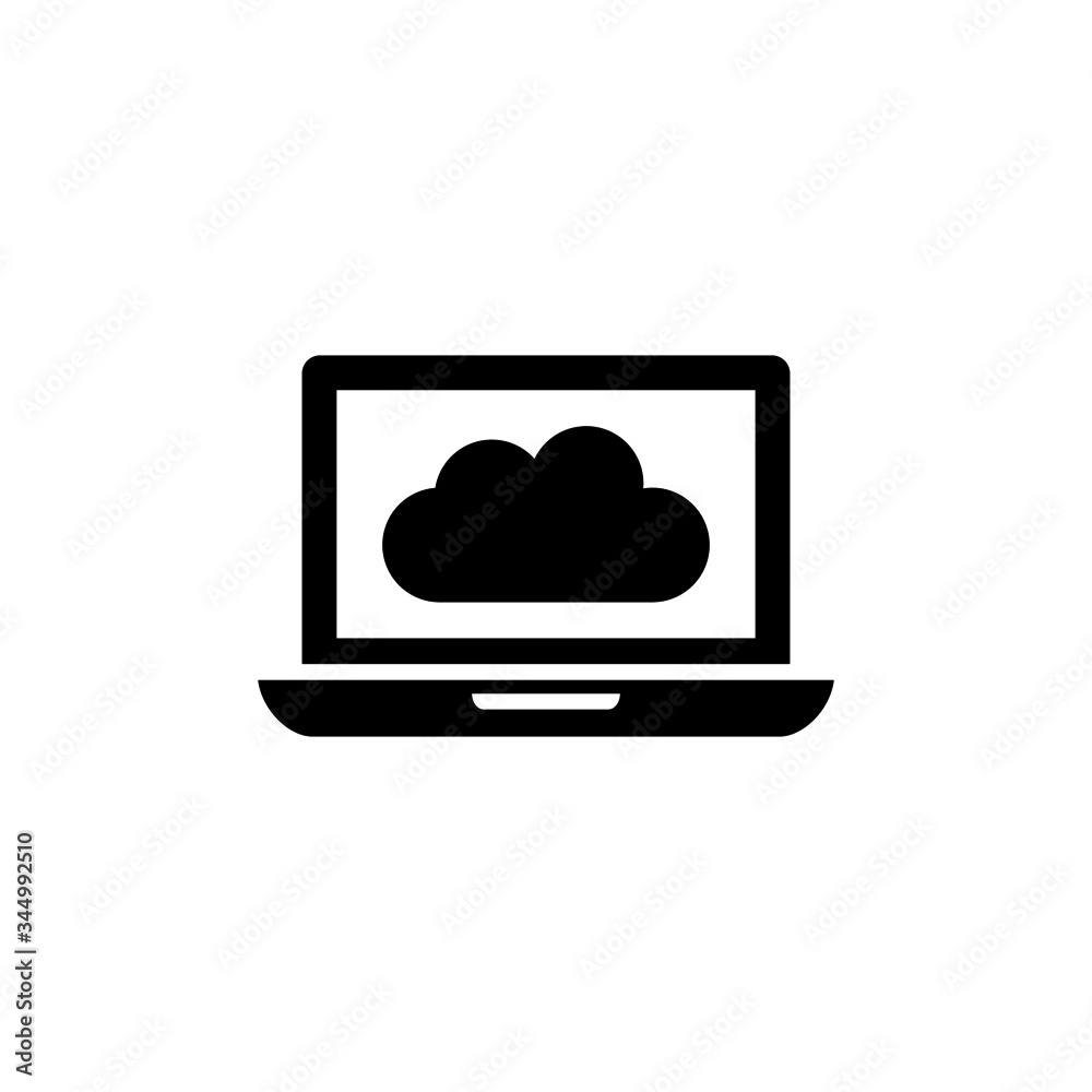 Laptop with cloud data symbol on screen icon in black solid flat design icon isolated on white background Laptop with cloud data symbol on screen icon in black solid flat design icon isolated on white background