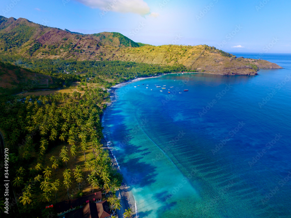 Beautiful Blue Clear Water and white sand, Aerial Gili Kedis turquoise water in Lombok, Indonesia.