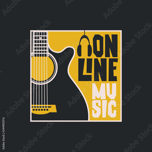 Vector banner for an online music concert with a guitar and headphones. Suitable for advertising, web banner, poster, flyer, invitation, cover, icon, logo