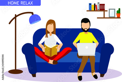illustrazione di una coppia sul divano. Lei Legge e lui lavora al computer