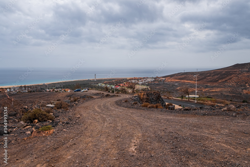 Morro Jable Canary Island, Fuerteventura Spain, Aerial view on coast of atlantic ocean and beach. October 2019