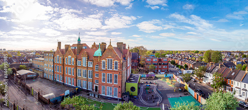 Photography Aerial view of school in London suburb in the morning, UK