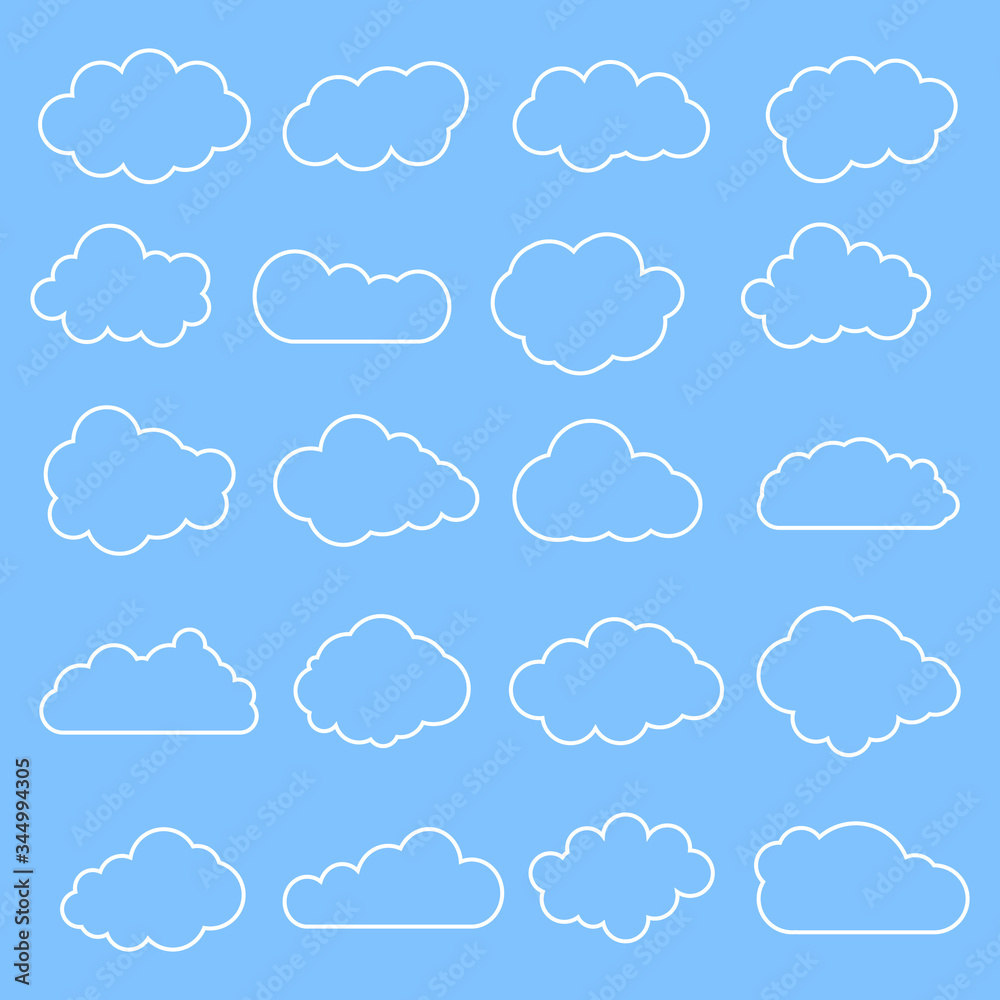 Cloud line symbols. Clouds set collection on blue background. Vector drawing. Cloud line symbols. Clouds set collection on blue background. Vector drawing.