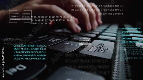 Time lapse of man working on laptop computer keyboard with graphic user interface GUI hologram showing big data science technology, digital network connection and computer programming algorithm.
