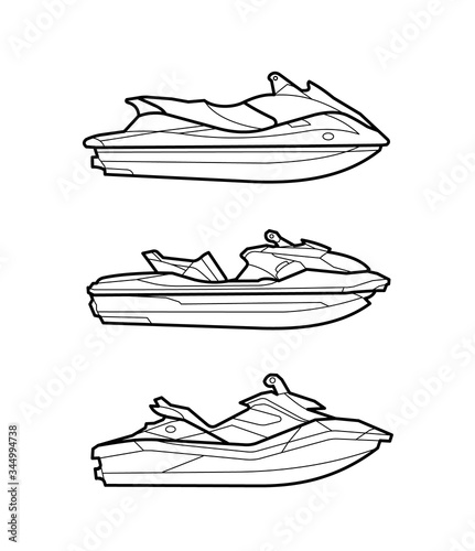 Jetsky, black and white icons, equipment, line icons, water scooter, different models, logo in linear style, icon. Vector illustration photo