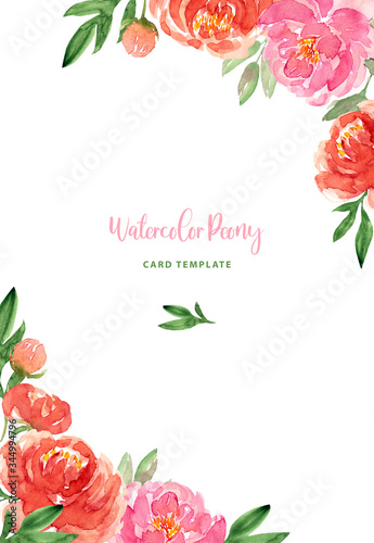 Watercolor loose style red, pink peach peonies flower and green leaves corner frame. Modern trendy border template for invitation, banner, wedding, greeting card design. Poster with peony, rose