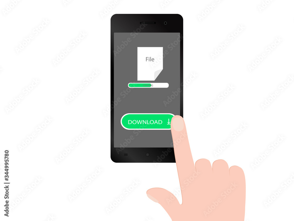 Downloading an electronic file over the internet. A hand holds a mobile phone by pressing the download button on a touch screen. The client saves the file to a personal smartphone. Vector image. Downloading an electronic file over the internet. A hand holds a mobile phone by pressing the download button on a touch screen. The client saves the file to a personal smartphone. Vector image.