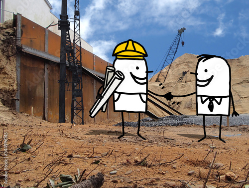 Cartoon smiling foreman and businessman handshaking on a construction site photo