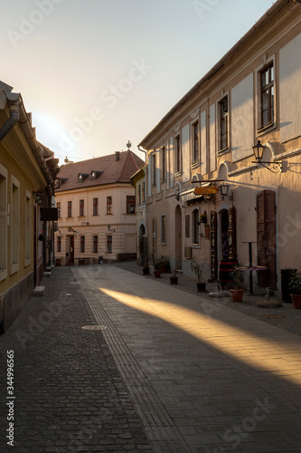 Empty street in Eger, Hungary on a spring evening. © skovalsky
