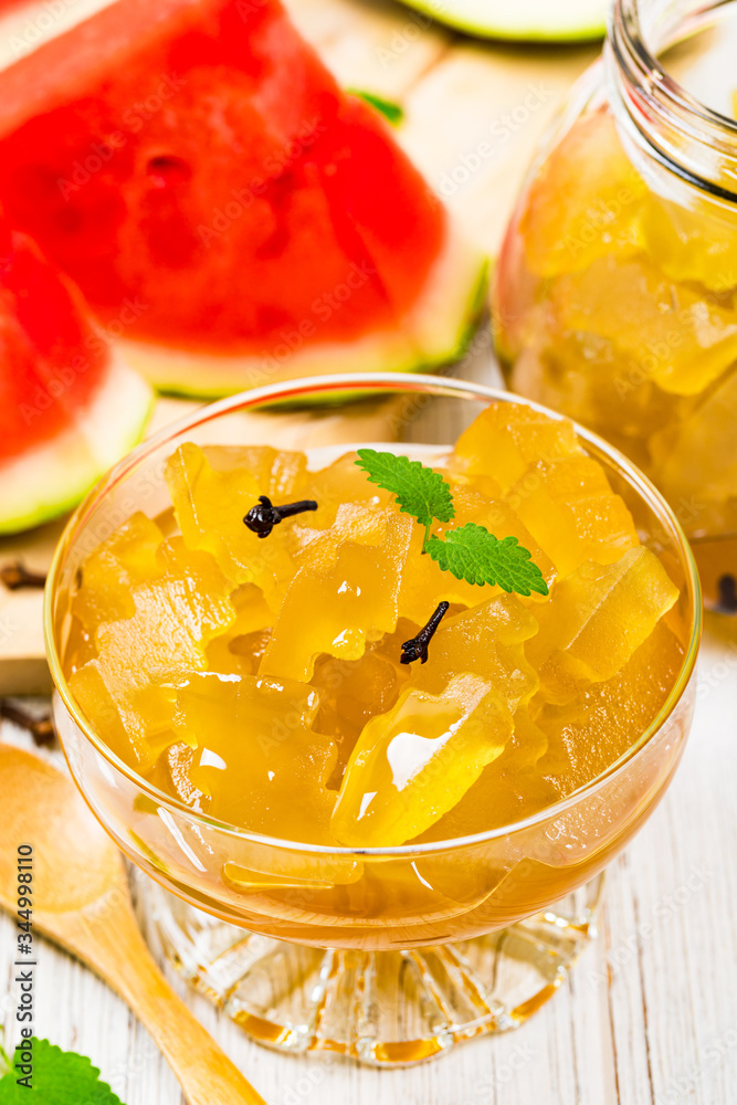 Watermelon Rind Jam Or Candied Watermelon Crusts In Syrup. Azerbaijani Cuisine. Selective focus. Watermelon Rind Jam Or Candied Watermelon Crusts In Syrup. Azerbaijani Cuisine. Selective focus.